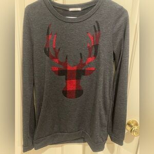 12PM BY MON AMI Dark Gray Long Sleeve Top with Red Plaid Reindeer